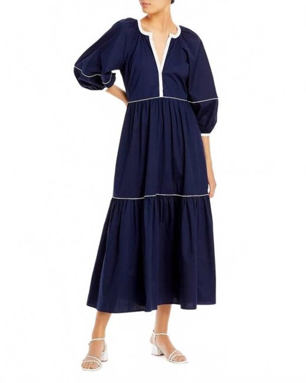 STAUD (M) Demi Tiered Midi Dress Navy White Trim Puff Sleeve Flowy Preppy